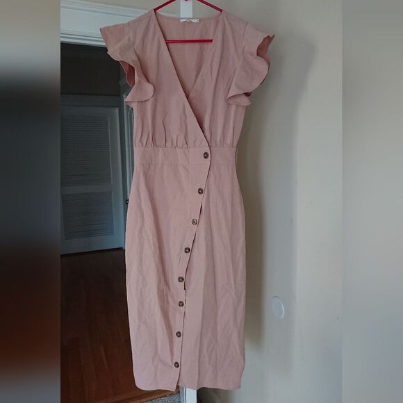 Revolve TULAROSA V Neck Button Down Slit Long Dress in Light pink Size S
